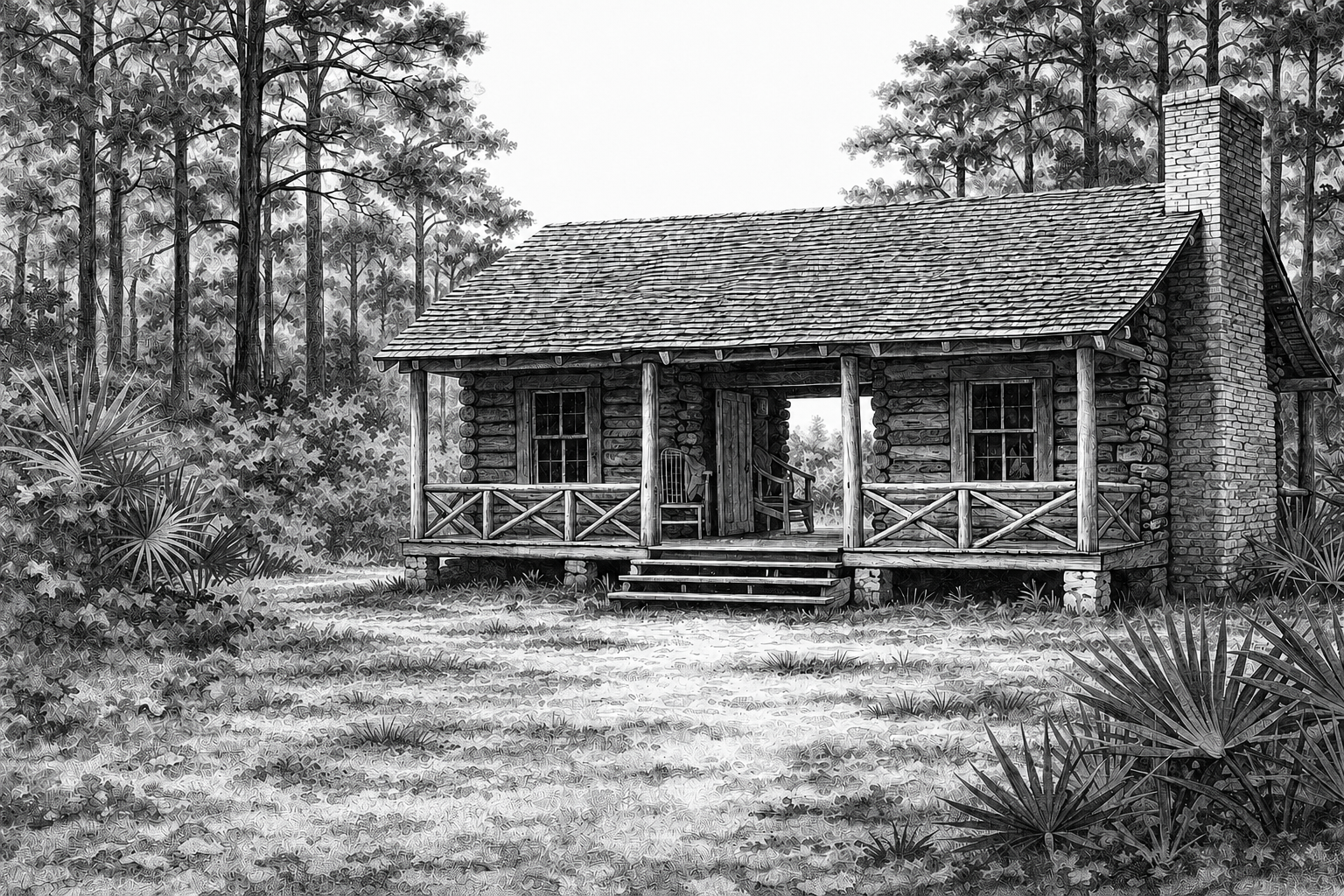 A dogtrot cabin on the Florida frontier, showing log construction, open breezeway with rocking chairs, hand-split shingle roof, and surrounding longleaf pines and saw palmetto.